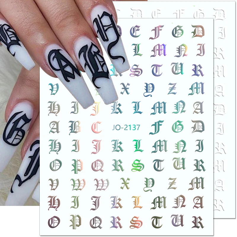 

12 Colors Gothic Letters Nail Sticker Bronzing Laser 3D Nail Decals Fluorescent Nail Art Stickers Alphabet Nail Decorations