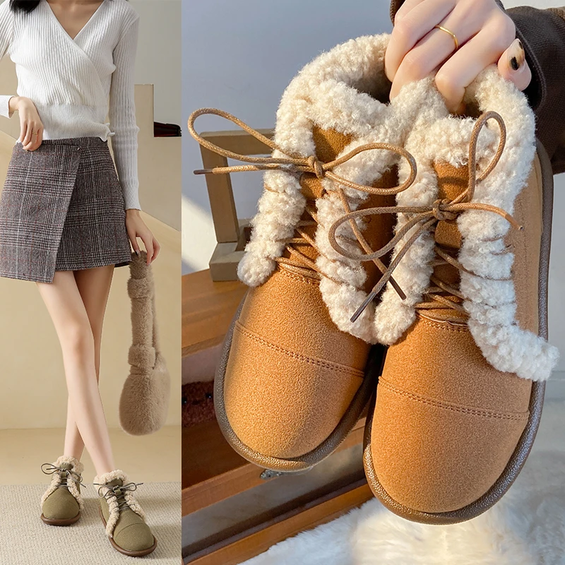 

Women Winter Boots Ladies Snow Boots Flat-heeled Lace Up Fashion Ankle Boots Keep Warm Ankle Botas Thick-soled Plus Size 35-41