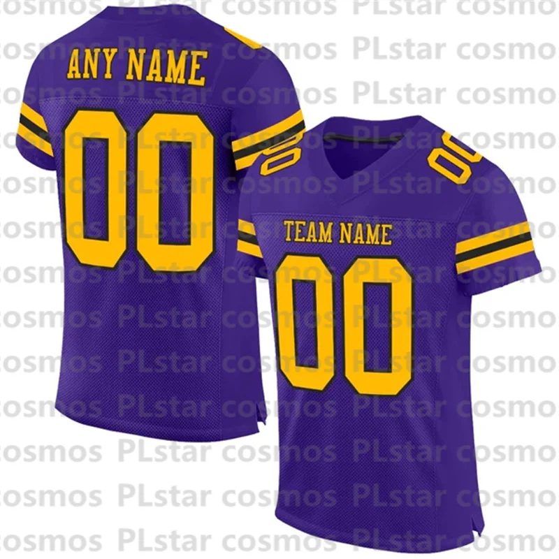 

Custom Purple Gold-Black Mesh Authentic Football Jersey 3D Printed Kids Football Jersey Boys Tops Girl Tees