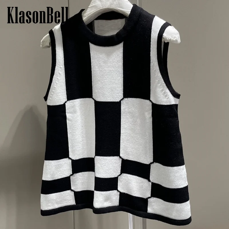 

4.15 KlasonBell Classic Fashion Patchwork Color Plaid Wool Knitwear Sleeveless Top For Women O-Neck All-matches Casual Tank