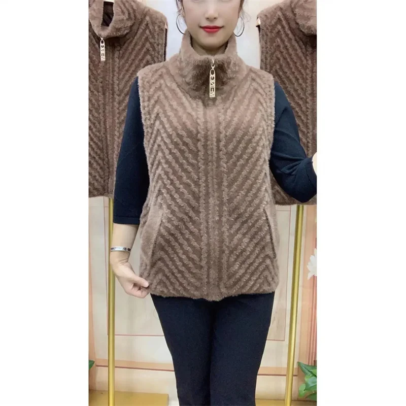 중년 노인 어머니 안티 밍크 벨벳 조끼 재킷, 여성 가을 겨울 새로운 2023 민소매 가디건 조끼 코트 여성