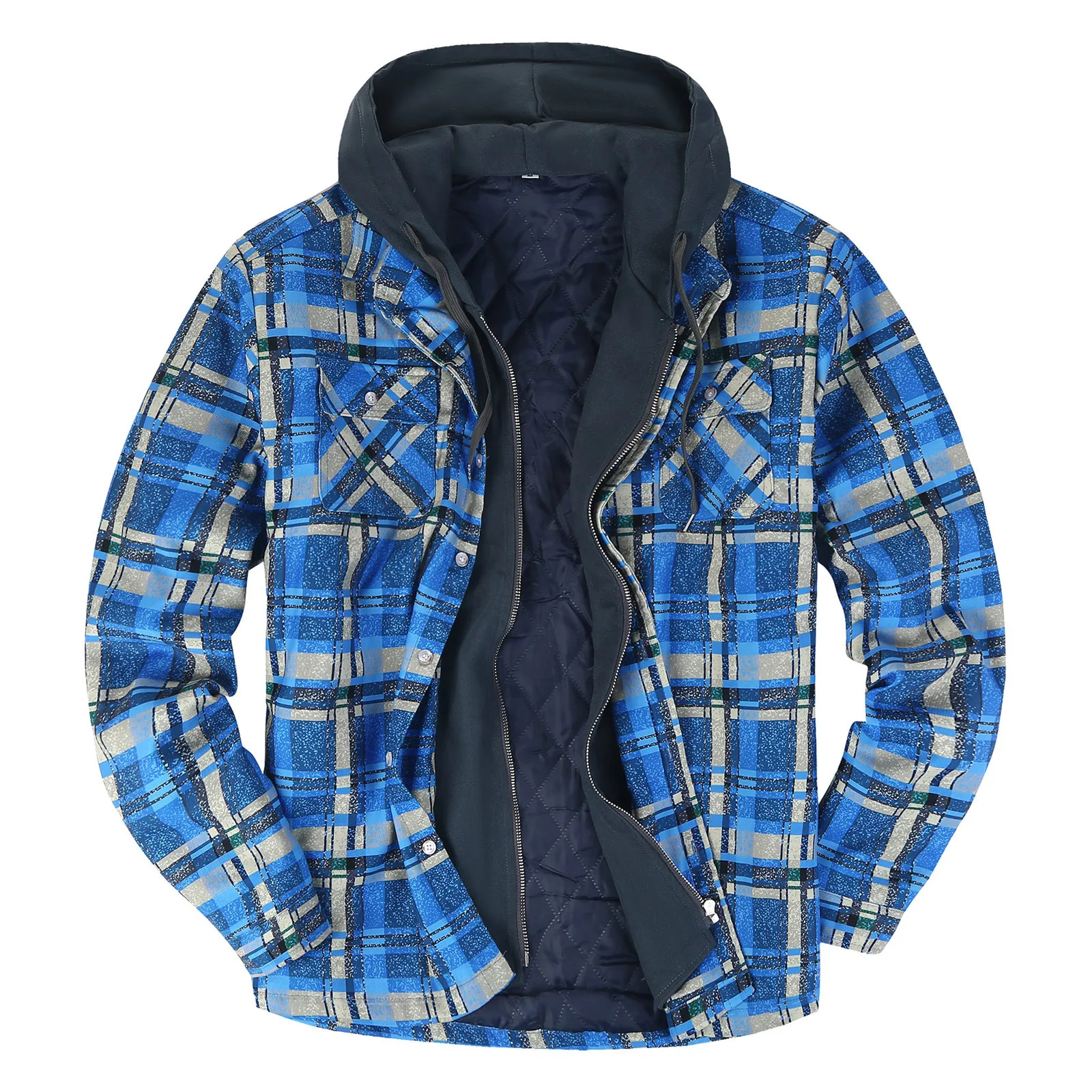 

Men'S Quilted Lined Button Down Plaid Striped Printed Shirt Add Velvet To Keep Warm Jacket Autumn Winter Hood Y2k Zip Up Hoodie