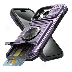 Magnetic Ring Kickstand Wallet Case with Heavy Duty Drop Protection for iPhone 16 Pro Max (Purple)
