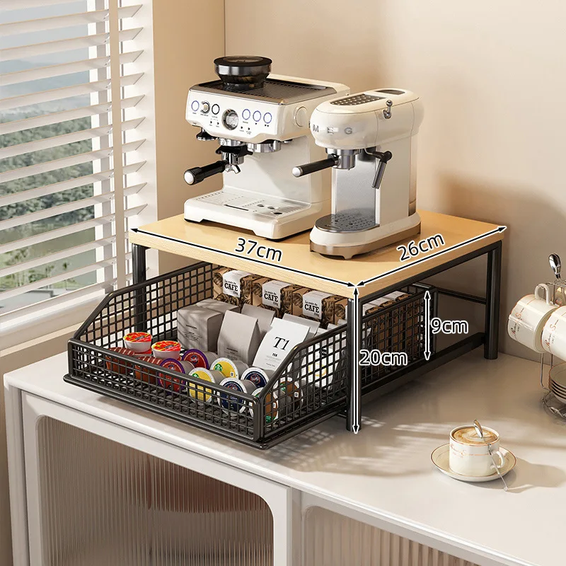 Scaffale Moderno da Scrivania, Organizzatore Salvaspazio in Legno e Metallo per Ufficio, Cestello Estraibile in Rete per Cialde di Caffè, Tè - immagine 4