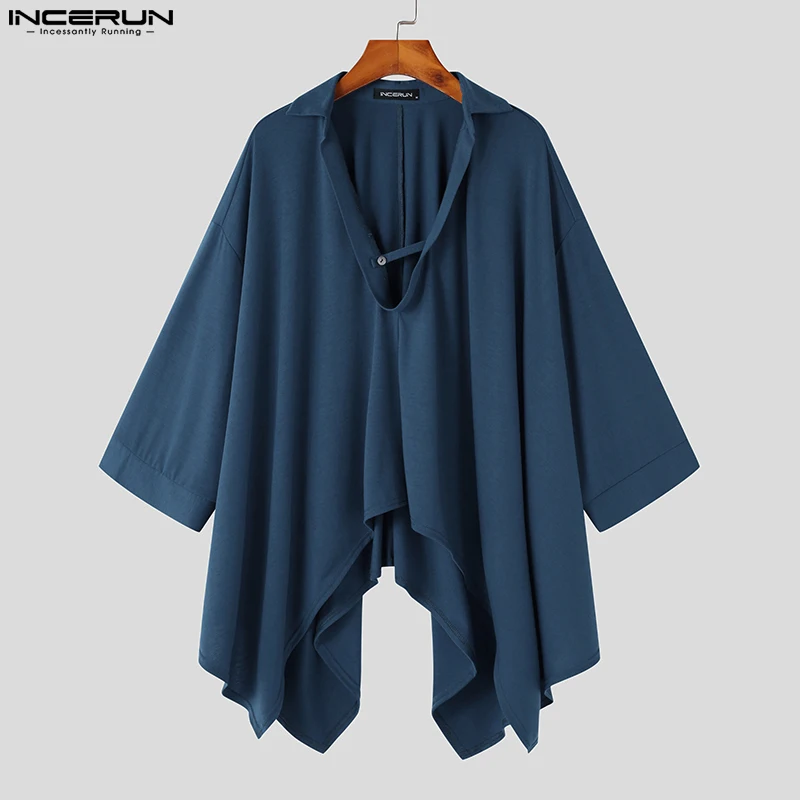 Casual Party Shows Style Tops INCERUN New Men Fashion V-shaped Swing Neck Shirts Streetwear Male Solid Short Sleeve Blouse S-5XL