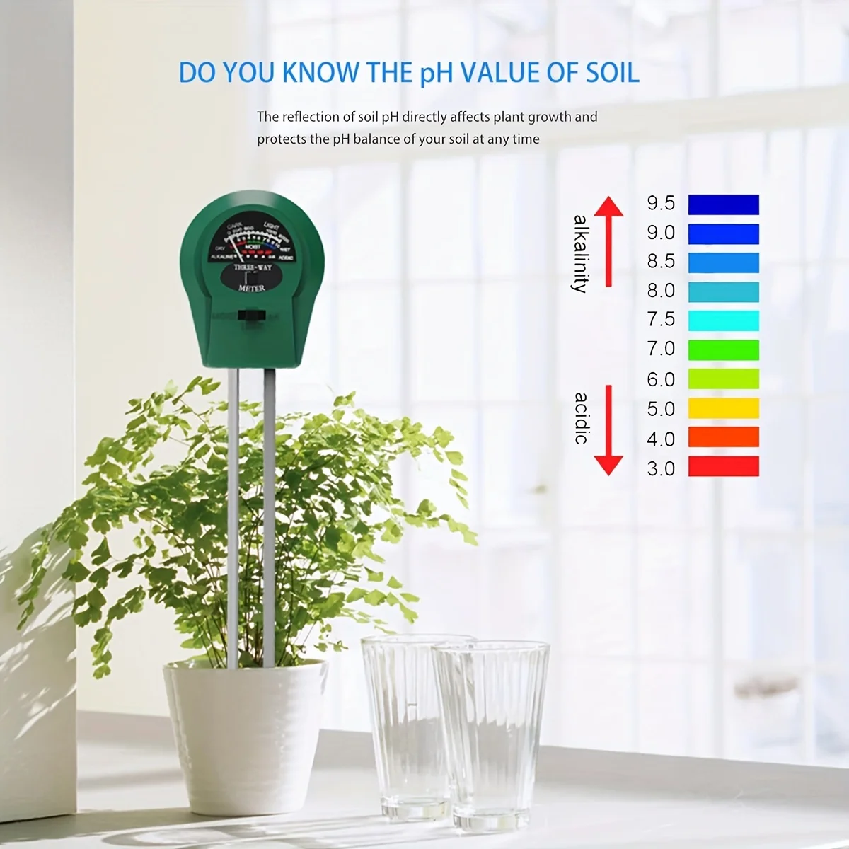 Soil Moisture Sensor Soil Tester Soil Moisture Meter Soil Meter 3-in-1 Plant Moisture Sensor Light and PH Tester for Home Garden Farm Outdoor Use