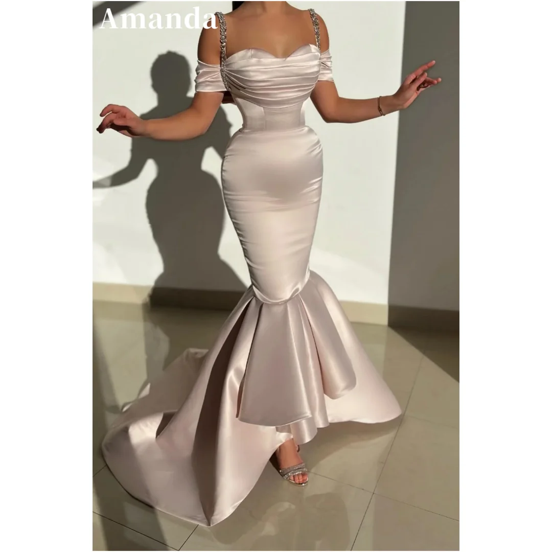 

Amanda Champagne vestidos de noche Spaghetti Strap Mermaid Prom Dresses Elegant Sleeveless Floor-Length Satin Formal Evening