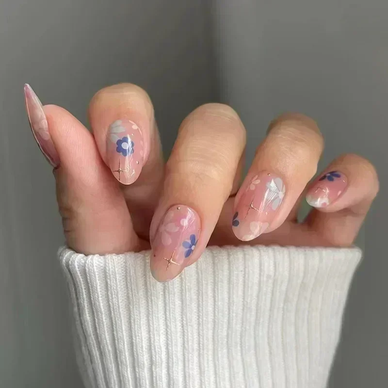 24개 아몬드 모양 프레스온 네일 꽃무늬 인조 손톱 착용 가능한 스티커형 네일 가짜 손톱 네일팁