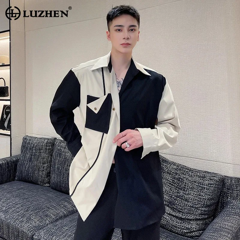 

LUZHEN 2024 Fashion Color Contrast Splicing Design Loose Casual Shirts Men's High Street Trendy Elegant Long Sleeve Tops LZ3282