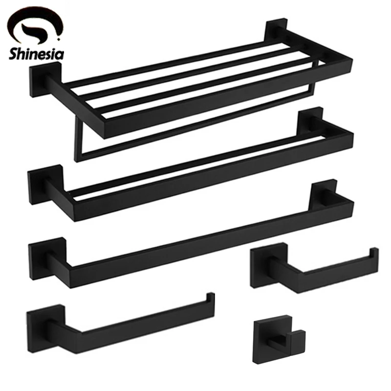 Matt Black Bathroom Hardware Set Kit Accessories Wall Shelf Towel Bar Rack Rail Robe Hanger Toilet Brush Roll Paper Holder Dish