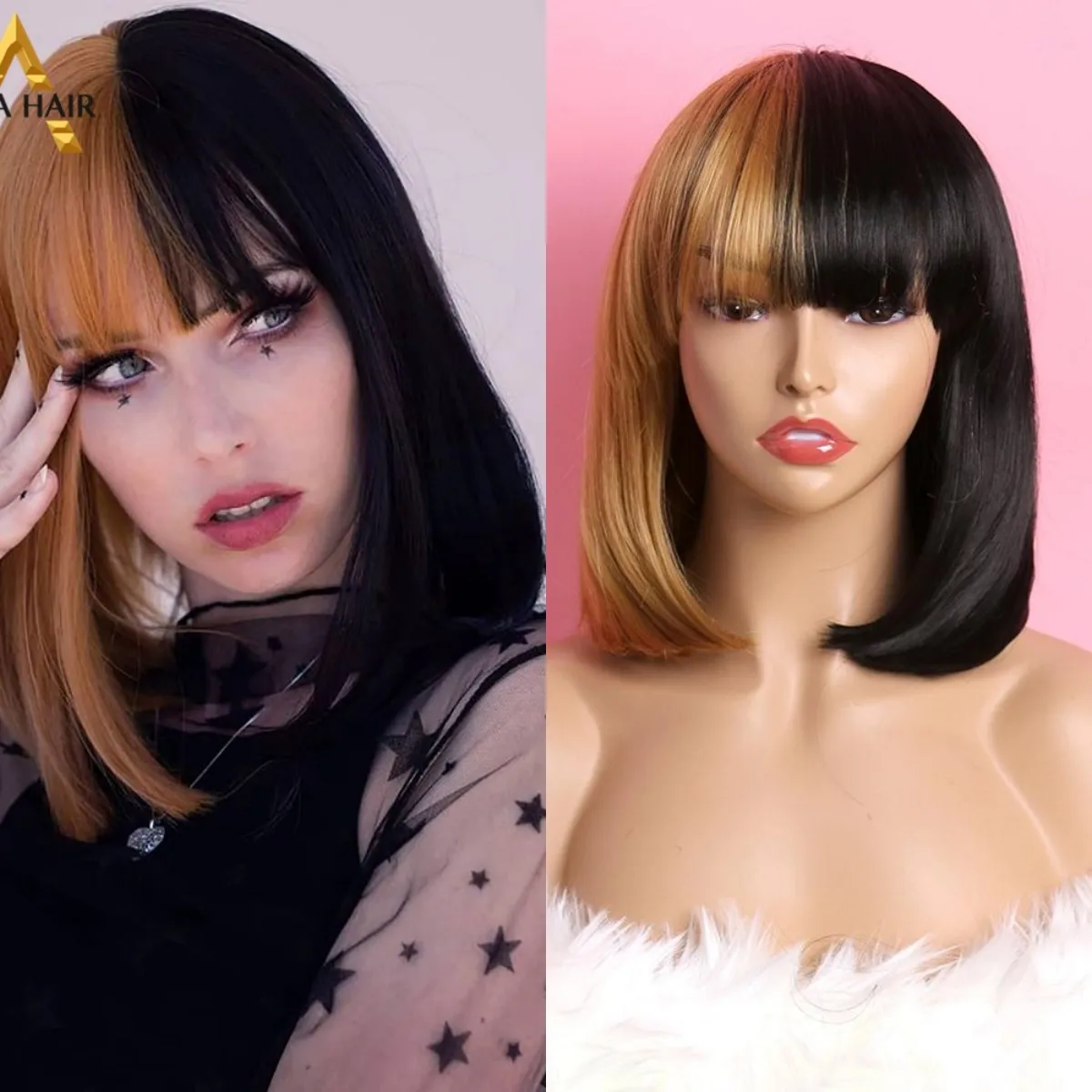 

Bob Wig Synthetic Hair Black Short With Bangs Glueless Straight Cosplay Honey Blonde Drag Queen Synthetic Wigs For Women 180%