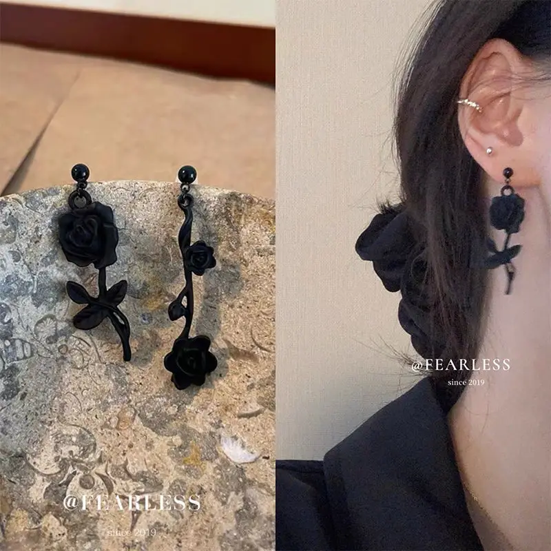 

1 Pair Black Rose Irregular Stud Earrings Women Girl Hip-Hop Asymmetry Dangle Earring Gothic Jewelry Ornament