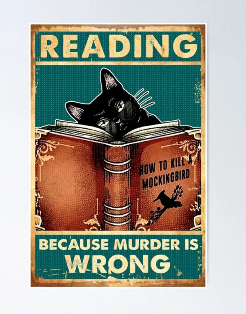 

Black Cat Reading Because Murder is Wrong Retro Metal Tin Sign Vintage Aluminum Sign for Home Coffee Wall Decor 8x12 Inch