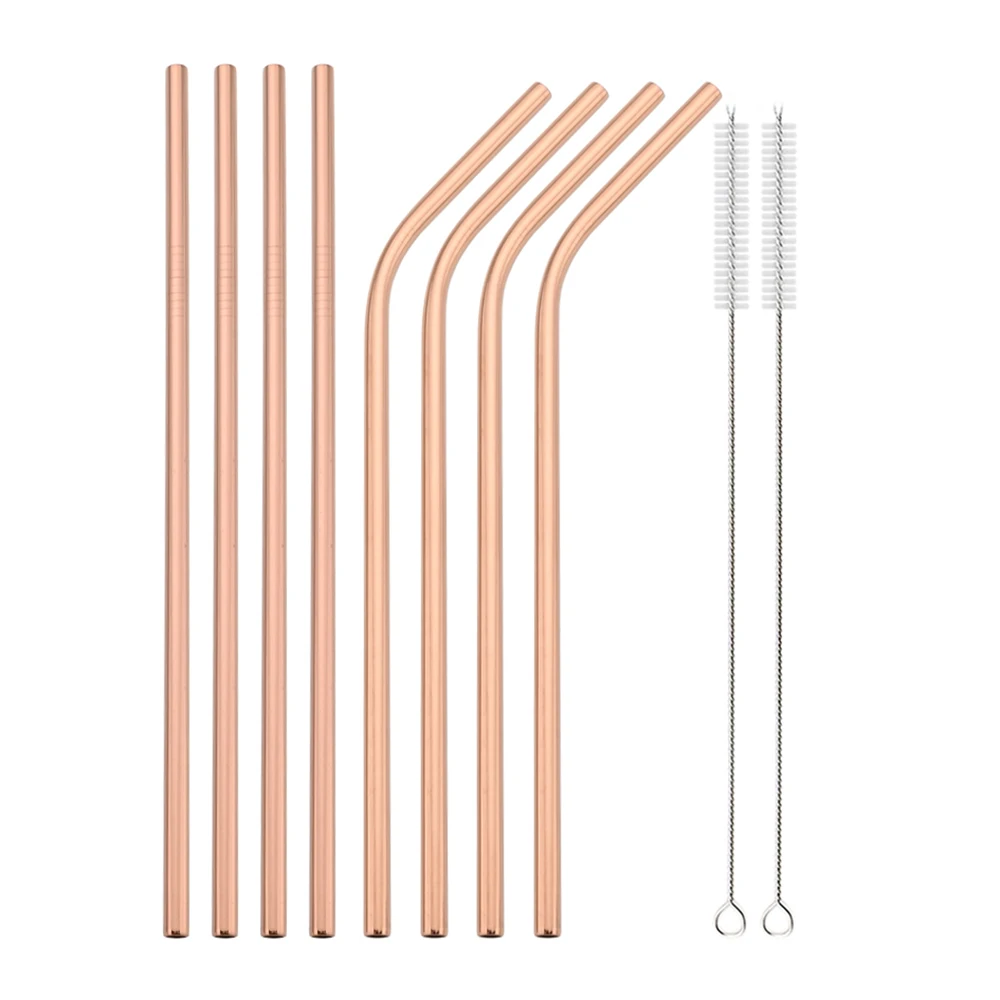 Eco-Friendly Reusable Silver Straw Set with Cleaning Brush, Stainless Steel Bent & Straight Straws