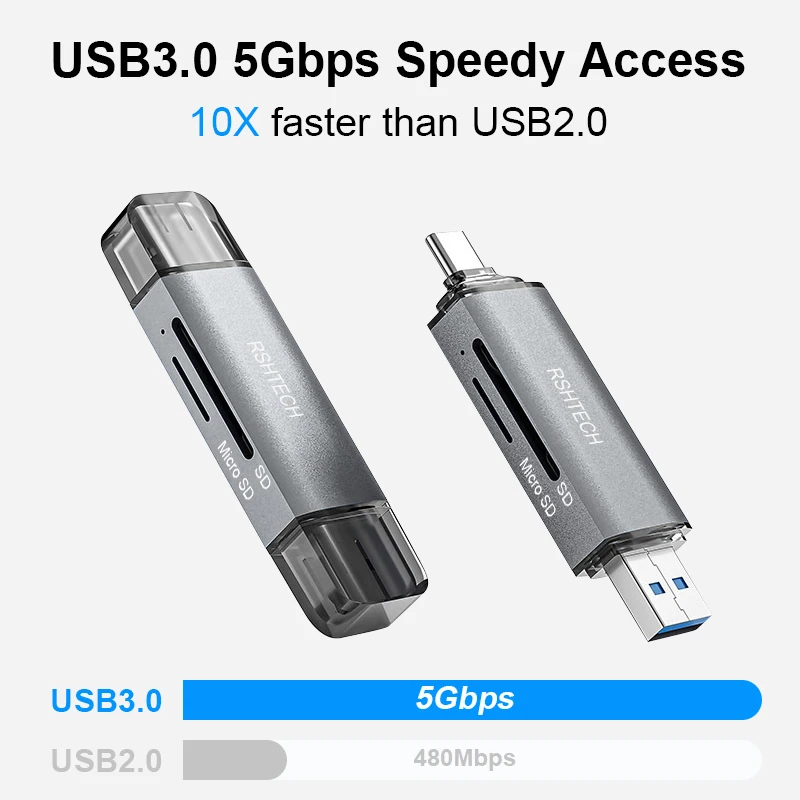RSHTECH 카드 판독기 5Gbps 데이터 전송 USB C 및 USB3.0-SD MicroSD TF 메모리 카드 판독기 노트북 액세서리 용 SD 카드 어댑터