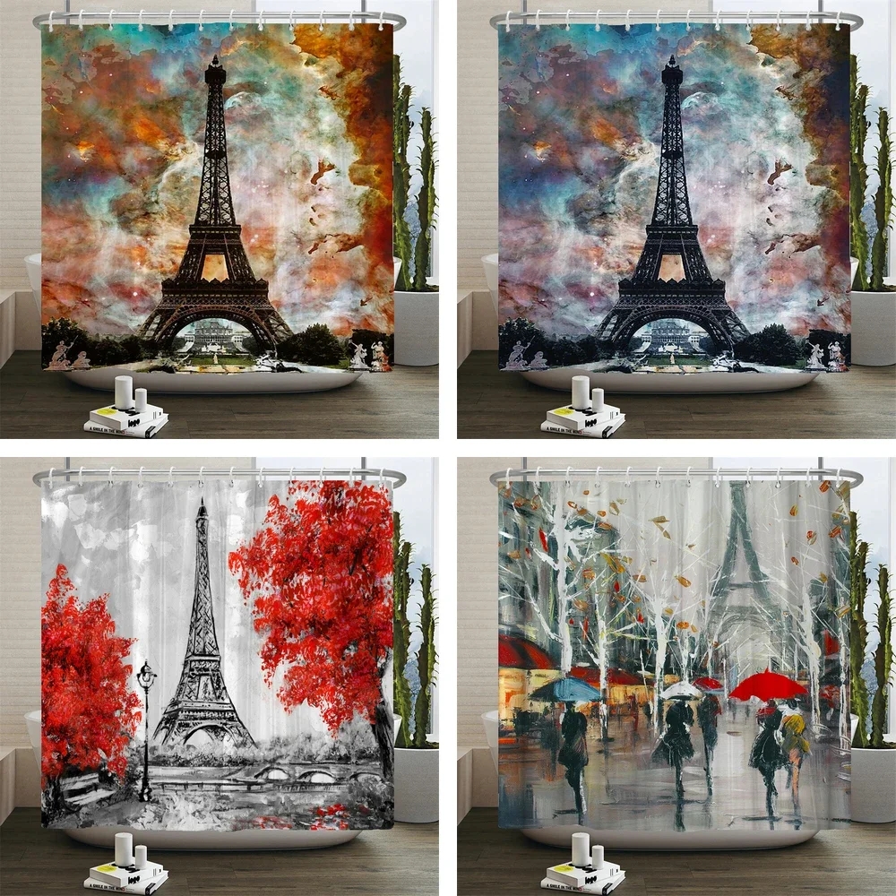

Водонепроницаемая занавеска для душа, моющаяся тканевая штора из полиэстера с крючками для ванной комнаты, пейзаж звездной Парижской башни