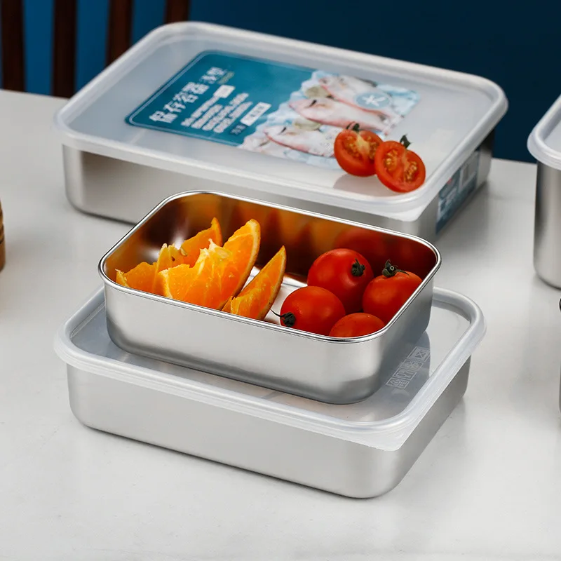304 Stainless Steel Food Storage Tray with Cover Refrigerator Rectangle Crisper Container Thick Durable Trays Kitchen Organizer 4