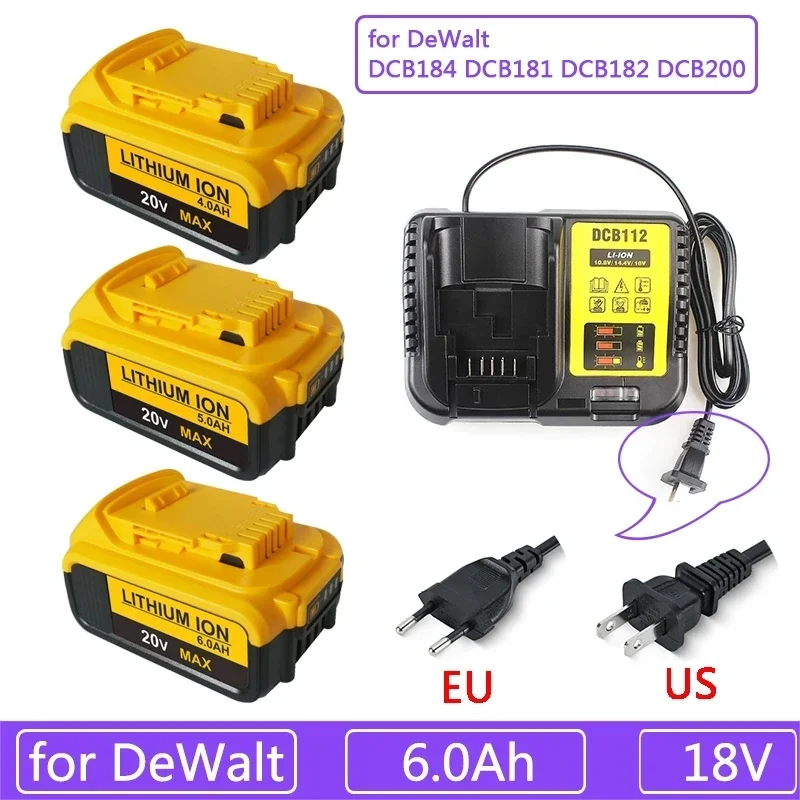 

New 18V 6.0Ah MAX 18650 Battery Power Tool Replacement for DeWalt DCB184 DCB181 DCB182 DCB200 20V 6A 18v Battery With Charger