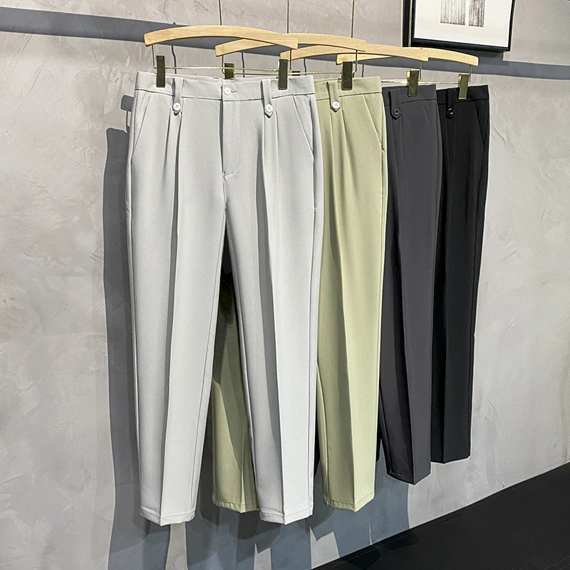 

2023 Spring Summer New Men's Casual Drape Suit Pants Classic Fashion Korean Style Slim Thin Pleated Male Pants White