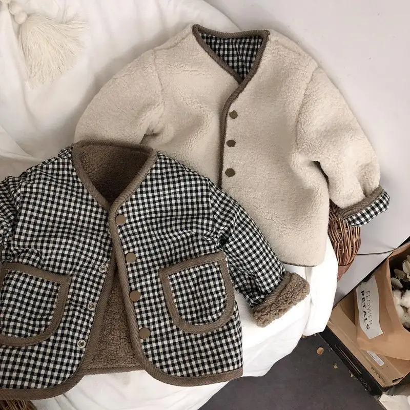 

Children Plush Coat Plaid Autumn and Winter New Warm Coat Children on Both Sides Wear Boys and Girls Coat Children's Clothing