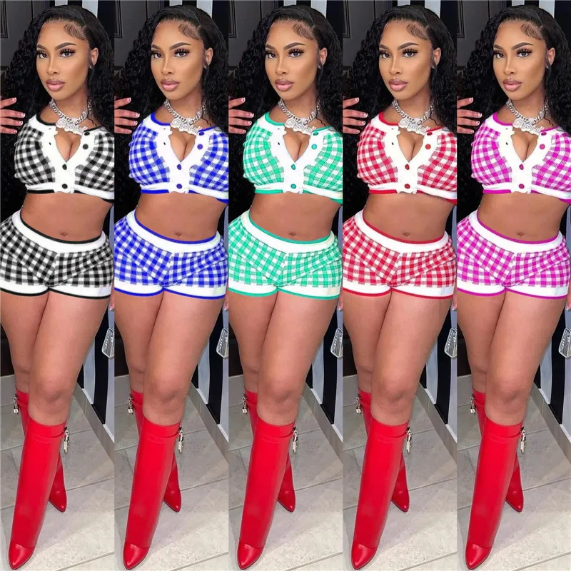 Sexy Plaid Printing 2 Piece Set for Women Summer Short Sleeve Crop Top and Shorts Matching Sets Outfits Casual Tracksuit Sporty
