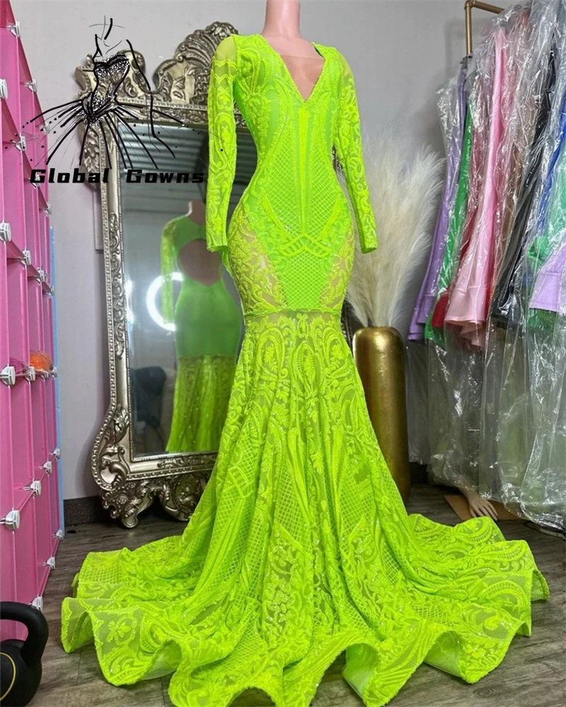 

Green V Neck Long Prom Dress For Black Girls 2023 Appliques Birthday Party Dresses Evening Gowns Mermaid Robe De Bal
