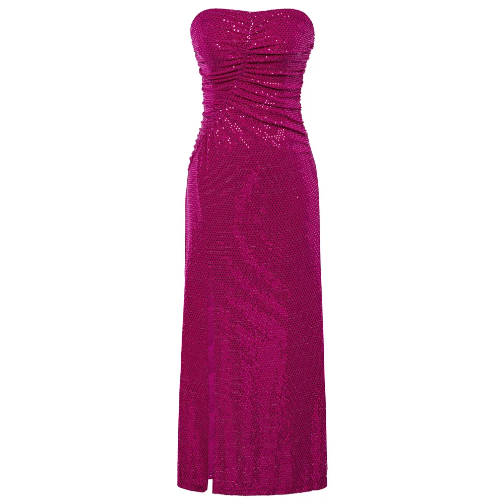 

GK Women Sequined Party Dress Strapless Front Slit Ruched A-Line Maxi Dress