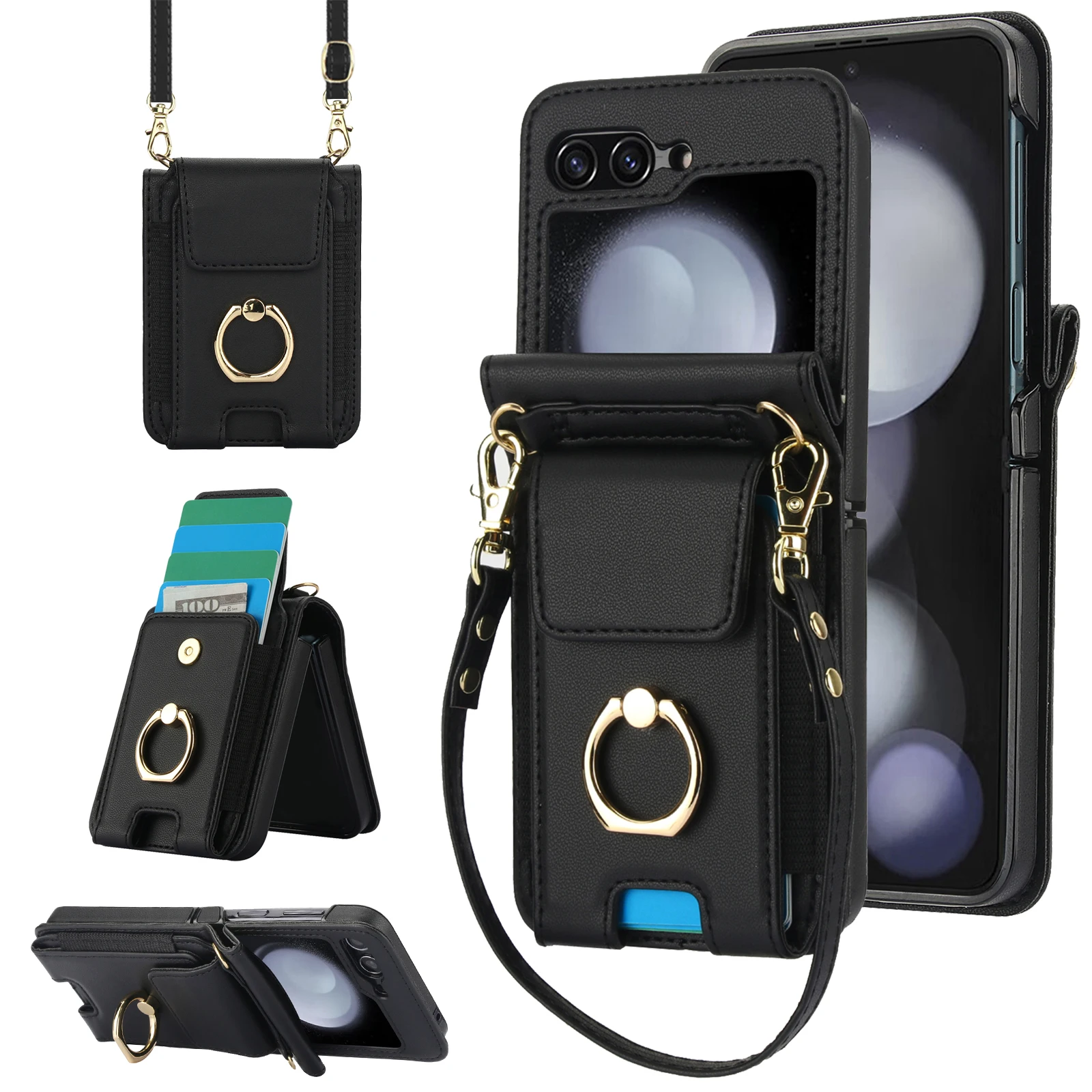 Elastična kožna futrola za prstenje s karticama za Samsung Galaxy Z Flip 6 5 4 3 5G Flip6 Flip5, vertikalna torba s vrpcom_voghion.com