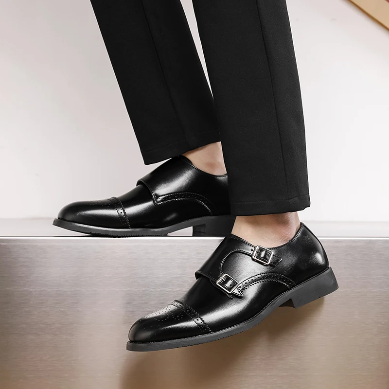 WAERTA Classic Double Buckle Men's Block Low Top Leather Shoes Fashionable Business Banquet Party Brown Pointed Leather Shoes mens brogue shoes