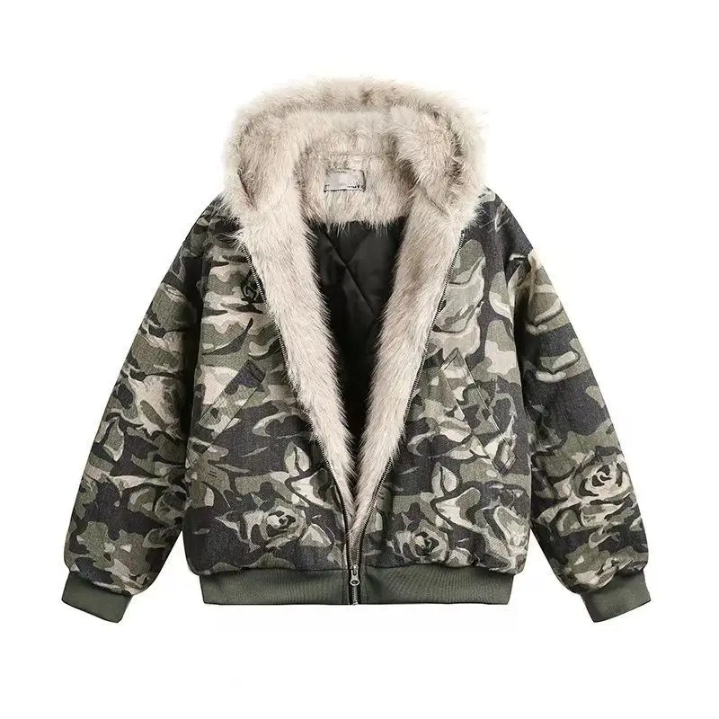 American Camouflage Fur Collar Thickened Jacket Cotton Streetwear Retro Trend Men's Loose Hooded Coats Thickened Warm Jacket 5