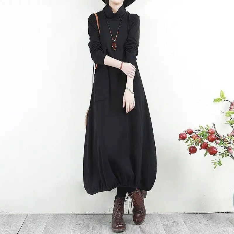 

Long-Sleeved Dress Women 2022 New Spring Autumn High-Necked Dresses Female Fashion Cover Belly Loose Bottoming Mid-Length Dress