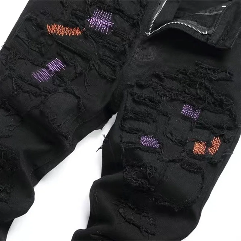 EH·MD® Handmade Embroidered Jeans Men Worn Out Scratched Double Layer Inner Zipper Decoration Soft Slim Fit Cotton Elastic Pants