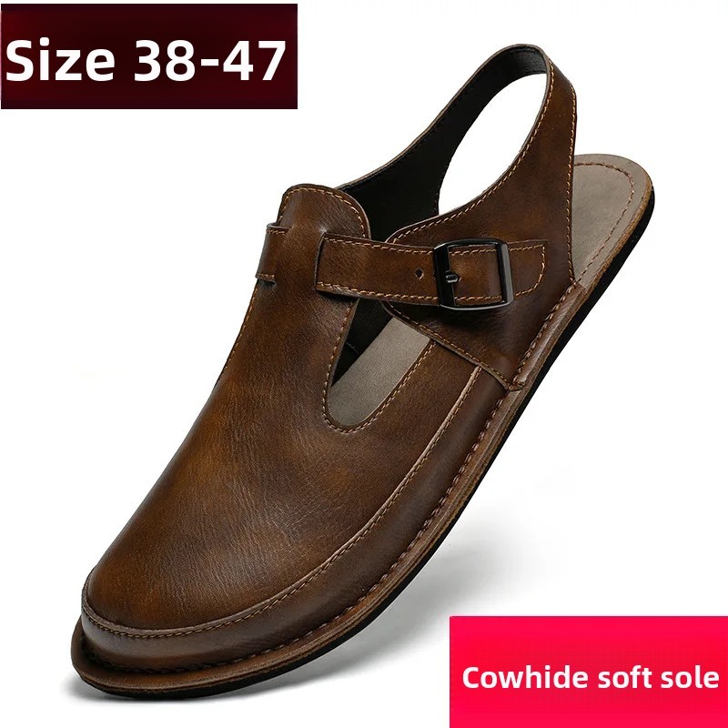 Men's Sandals Summer Large Size 47 Genuine Leather 46 Outdoor Wear 45 Soft Bottom Full Cowhide Roman Style Beach Slippers