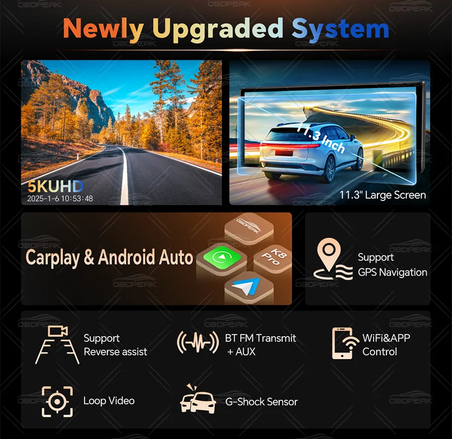11.3" Touch Screen 5K UHD Dash Cam T8 Pro Wireless CarPlay Android Auto Airplay