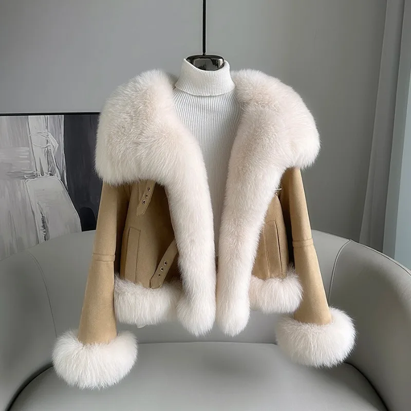 

Duck Down Jacket with Natural Fox Fur Collar for Women, Thick Suede Outerwear, Warm Coat, Casual Fashion, New, Winter