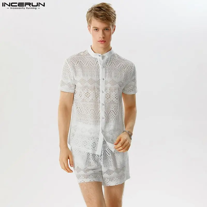 

Casual Fashion Style Sets INCERUN Men Short Sleeved Shirts Shorts Sets Stylish Hot Selling Male Lace Tracery Suit 2 Pieces S-5XL