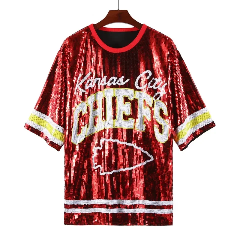 Sports Shirt Summer Short Sleeve Loose Geometry Letter Women's Wear Sequins Streetwear Night Club Hip Hop Straight T-Shirt