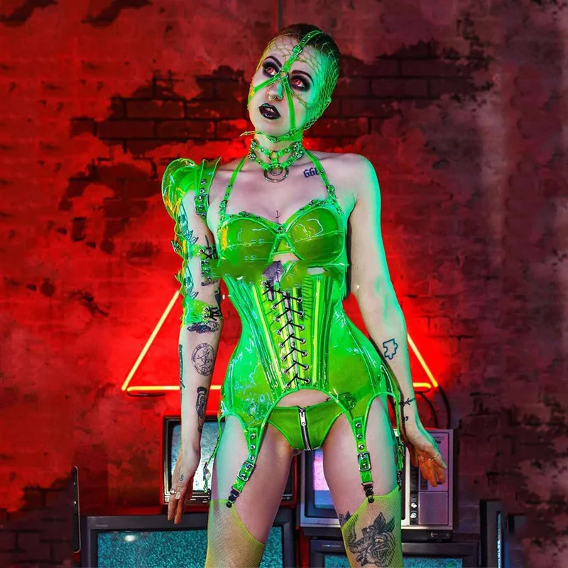 

Соблазнительный прозрачный корсет, защитная технология, ФЛУОРЕСЦЕНТНОЕ зеленое бикини, женская одежда для вечеринки, для ночного клуба, для сцены, танцевальные костюмы XS1162