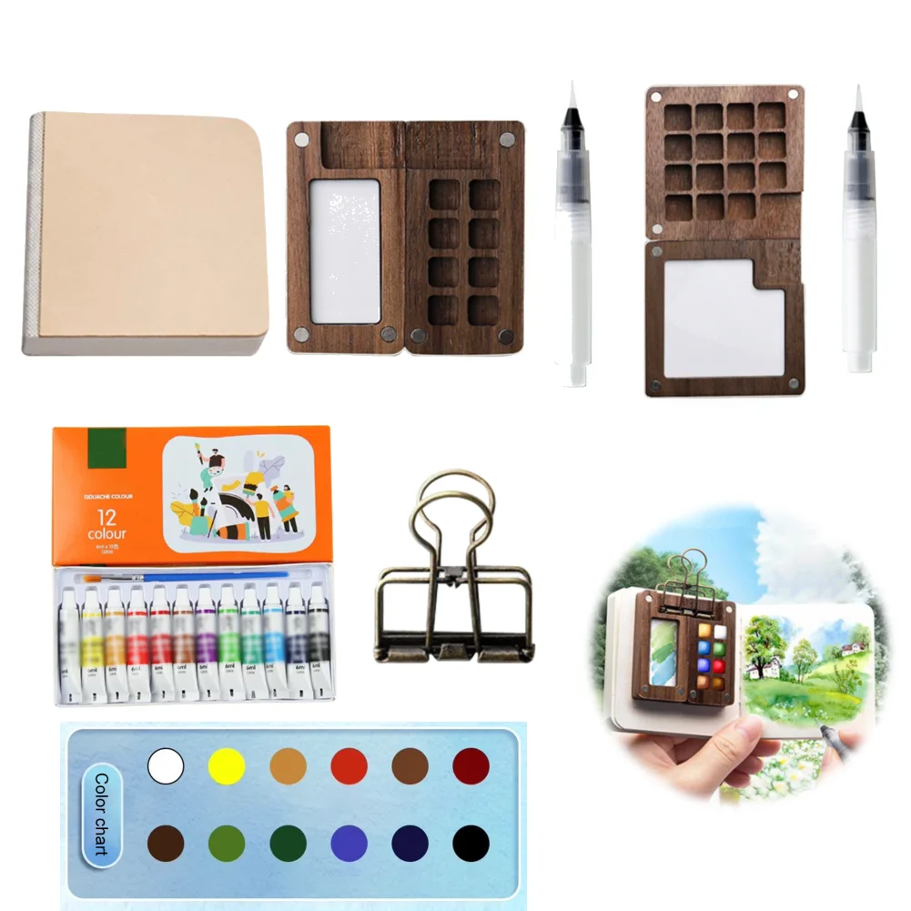 Travel Paint Palette Mini Watercolor Palette Set Portable Watercolor Set Wooden Grid Paint Box for Artists and Students