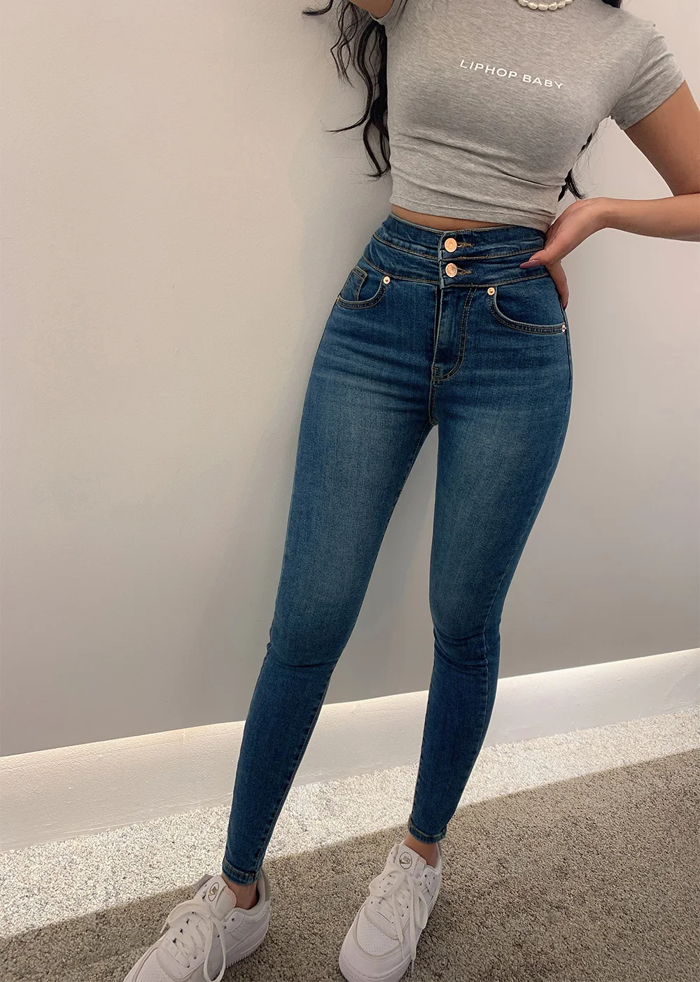 Women's Stretch Pencil Jeans Chic Two Buttons High Waist Skinny Pencil Jeans Lady Streetwear Casual Slim Denim Pants new korean all match slim denim trousers classic ankle length women pants vintage high waist three buttons skinny pencil jeans