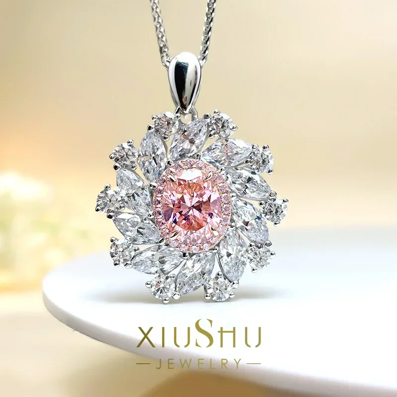 

Simple New Pink Diamond Pendant Necklace High Carbon Diamond Princess Set 925 Silver Fashion Wedding Jewelry