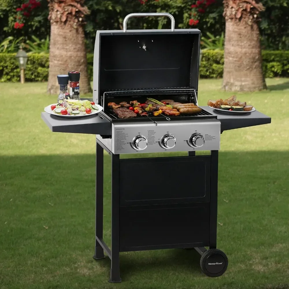 

BBQ Grill，Classic Liquid Propane Gas Grill, stainless steel handle, two foldable shelves and two heavy duty wheel casters
