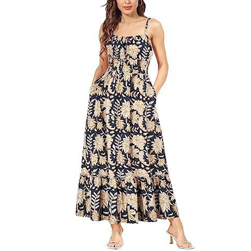 thumbnail image 1 of Vestido largo de verano con estampado floral, tirantes finos, corpiño fruncido, cintura fruncida, elegante vestido bohemio de playa para mujer, 1 of 5