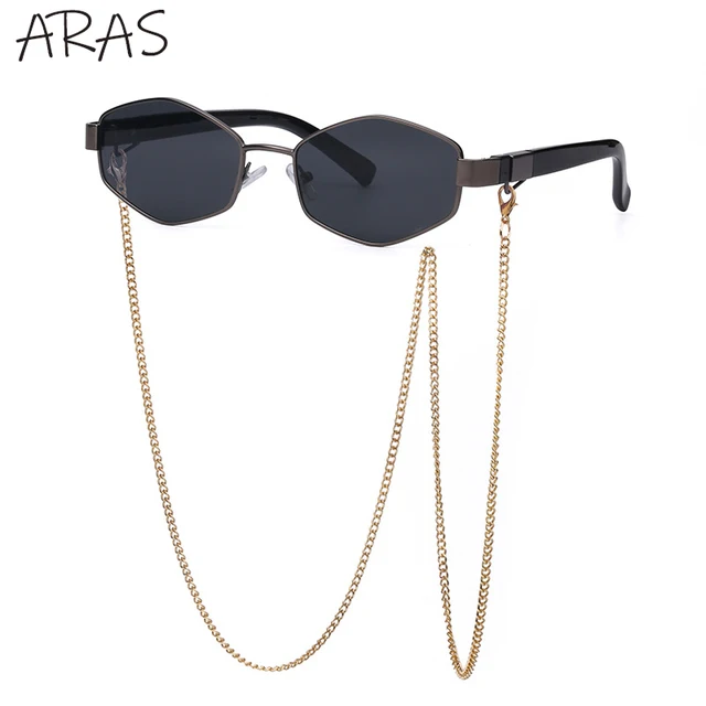 2022 Trendy Retro Hexagon With Chain Sunglasses Women Unique  Polygon Brand Designer Sun Glasses For Female Small Frame Eyewear Gun Black