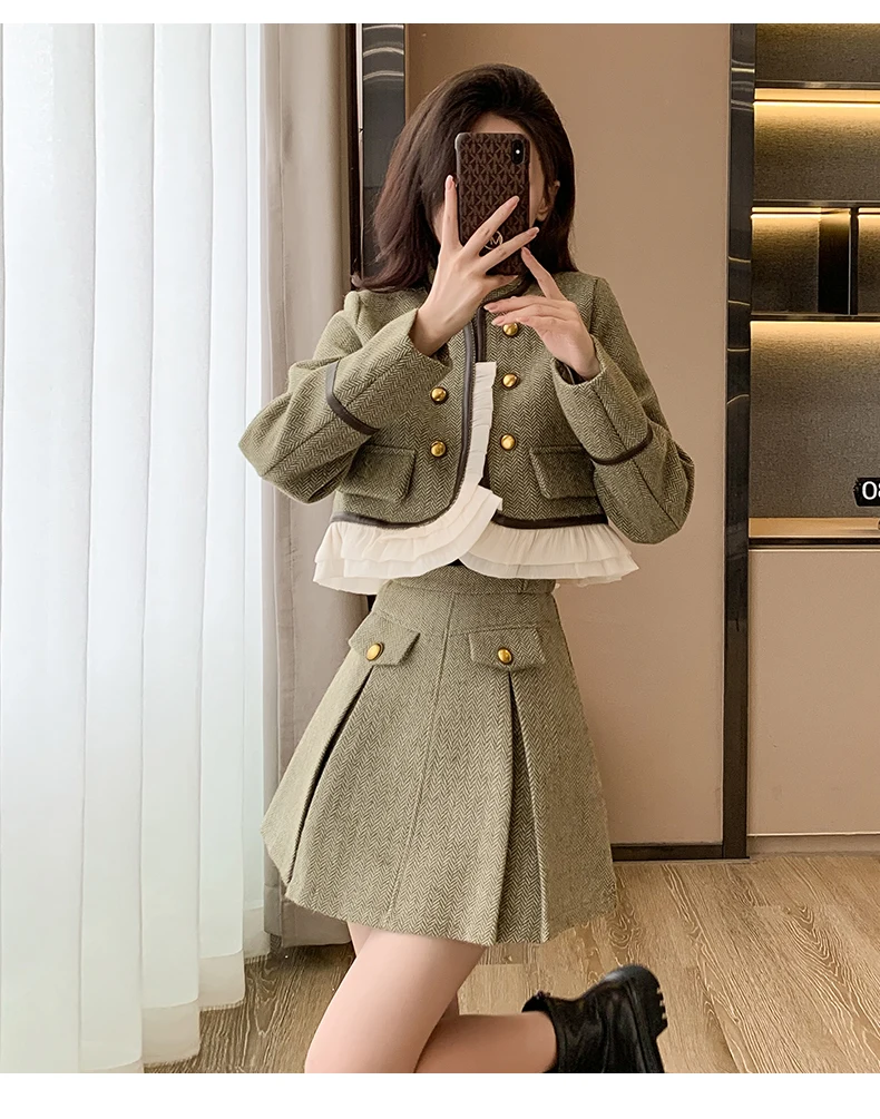 2 Piece Set Women's Stand Tweed Short Jacket Coat + Pleated Mini