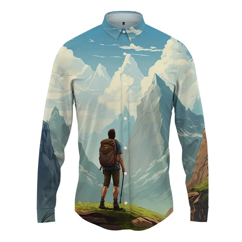 thumbnail image 1 of Camisa con solapa con estampado 3D de paisaje para hombre y mujer, camisas casuales de moda de manga larga, ropa de calle con botones, ropa unisex de gran tamaño, 1 of 5