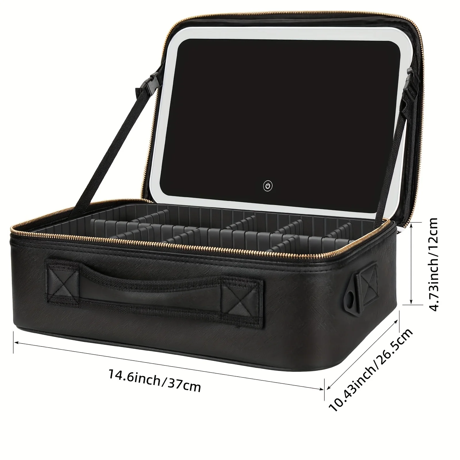 Large size travel makeup bag with mirror, zoned makeup bag with LED-lit makeup mirror, 3 light color modes, adjustable, 2