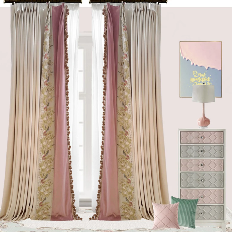 

High-end European-style pink princess style embroidery patchwork living room curtains Curtains for Living dining room bedroom