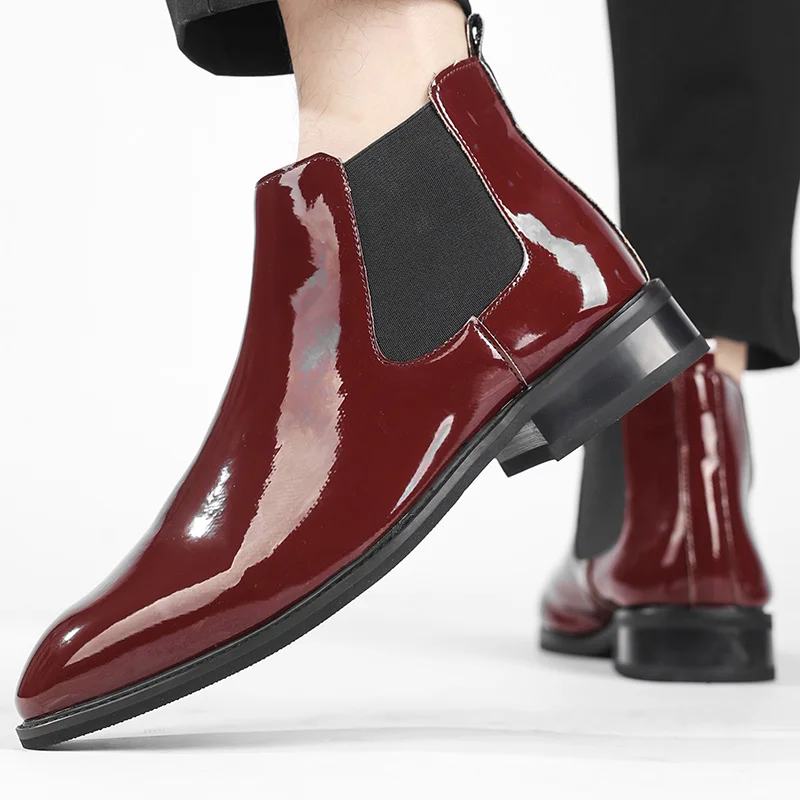 Chelsea Boots for Men Patent Leather Black Buckle Ankle Round Toe Business Classic Handmade Men Short Boots Botas De Hombre