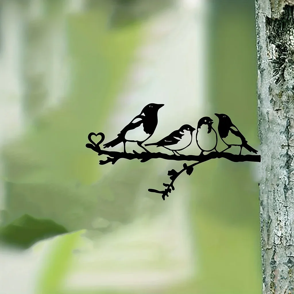 Four Birds On Branch Steel Silhouette Metal Wall Art for Home Garden